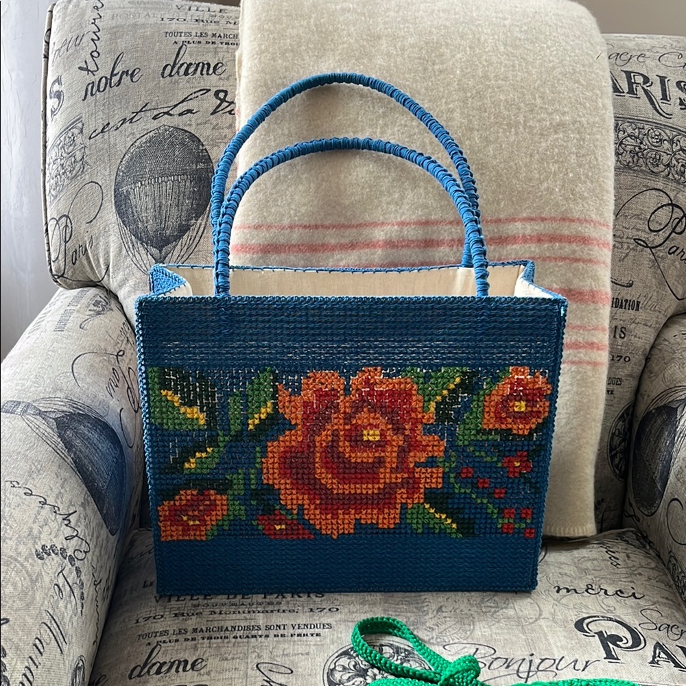 Handcrafted Blue Floral Beaded Tote Bag
